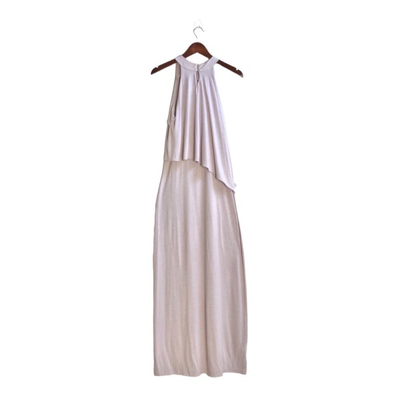 Mickey & Jenny Oat Asymmetric Tiered Ruffle High Neck Sleeveless Maxi Dress - Picture 2 of 6